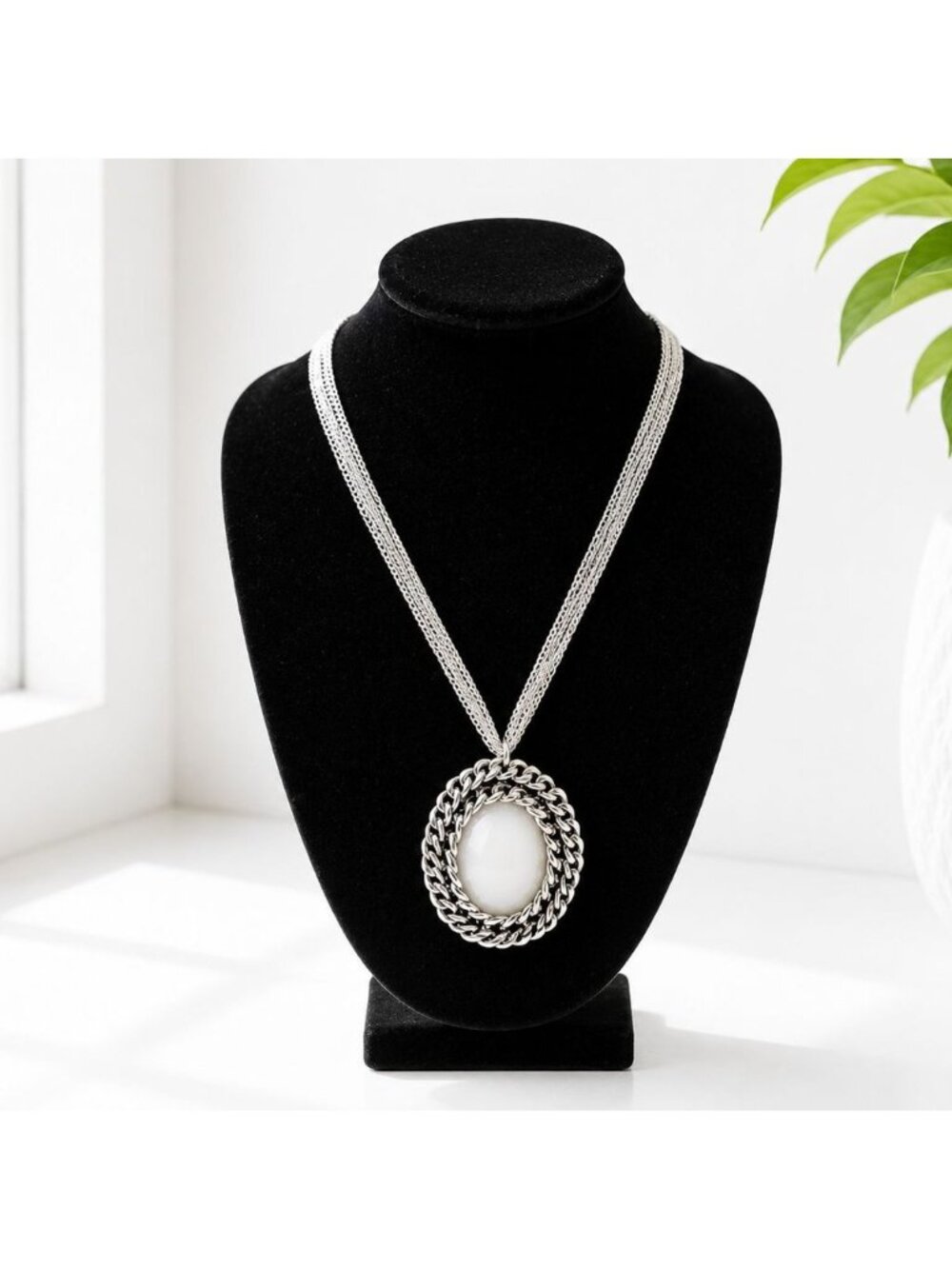Vintage Silver Tone Statement Necklace With Oval White Pendant & Multi-Strand Ch
